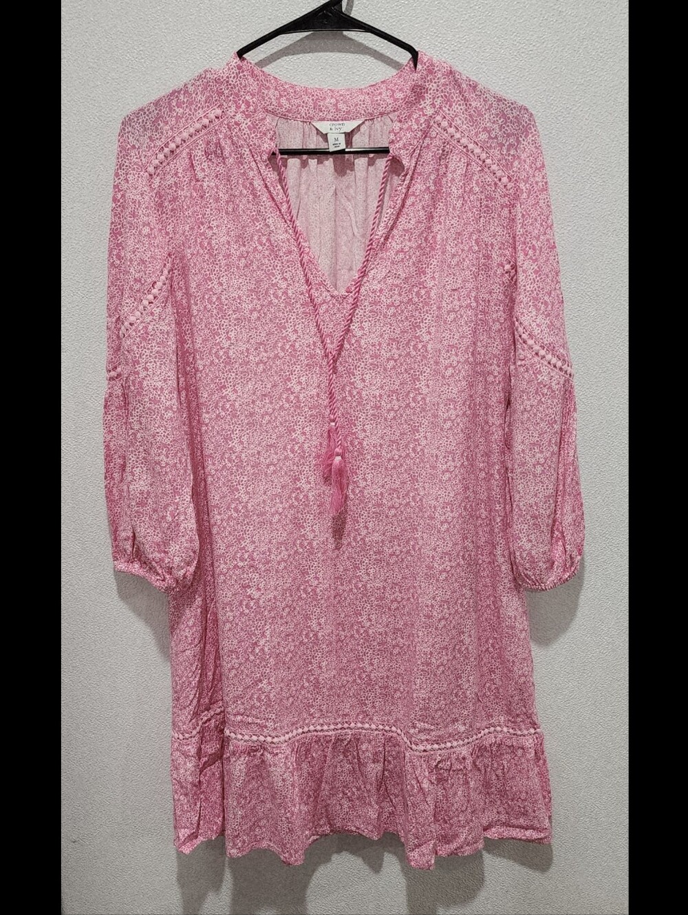 Crown & Ivy Dress Size Medium Pink Tiered Tassels 3/4 Sleeves
